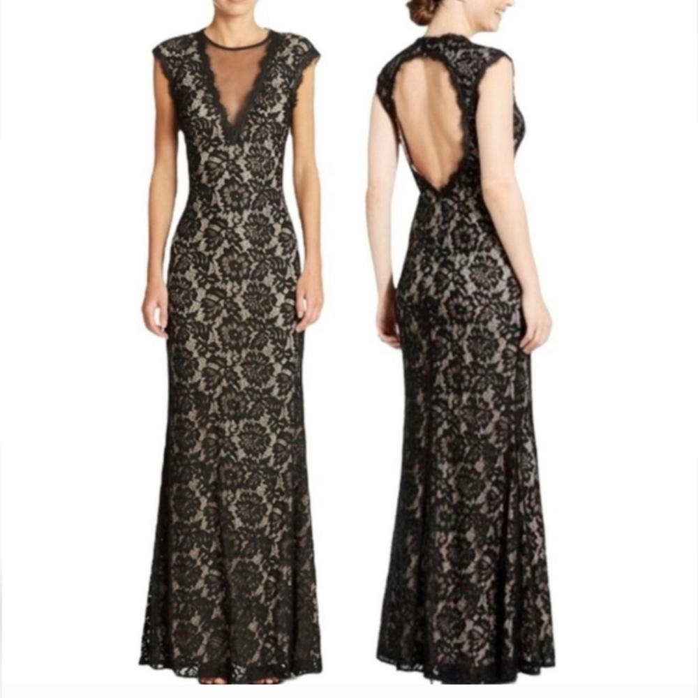 Betsy & Adam Elegant Black Lace Floor Length Evening Gown Size 4